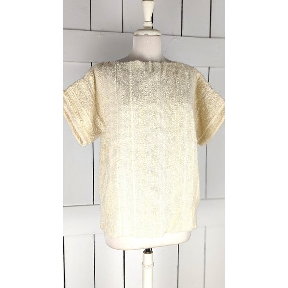 Vintage ivory chunky striped sequin knit sheer string beaded back pullover sweat - Picture 8 of 10